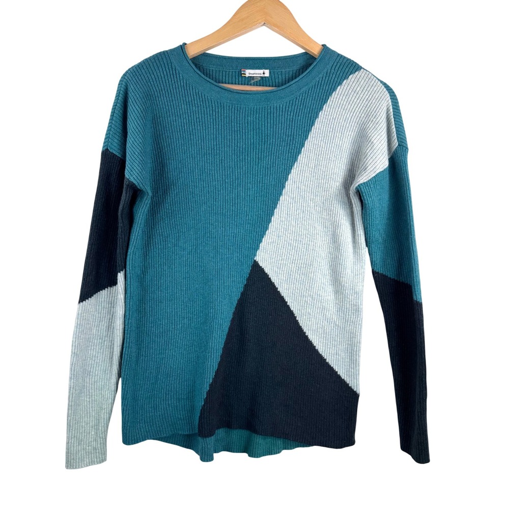 Smartwool Sweater sz S Teal Colorblock Merino Wool Ribbed‎ athleisure